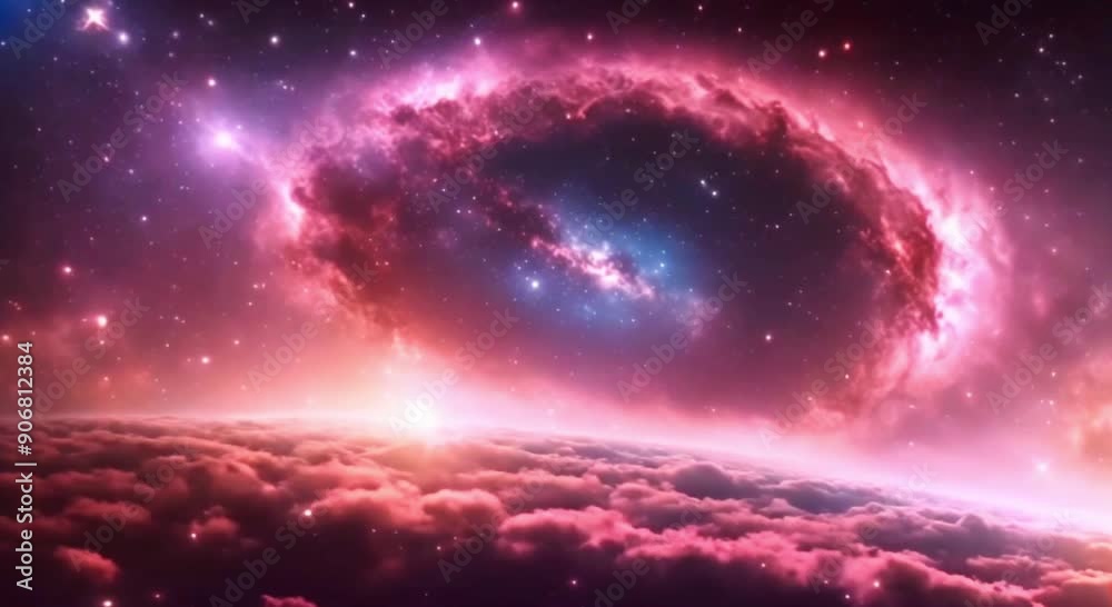 Wall mural Seamless loop galaxy exploration through outer space towards glowing milky way galaxy. 4K looping animation of flying through glowing nebulae, clouds and stars field. Magical sparkling stars beauty