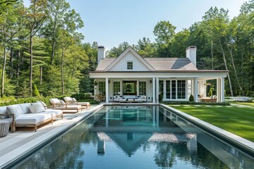 Classic pool house with open-air lounge area, surrounded by lush greenery and sparkling swimming pool, white exterior blending with natural surroundings, serene summer relaxation, New England setting,