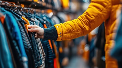 Obraz premium A person is shopping for clothes in a store. They are looking at a rack of clothes and picking out a jacket