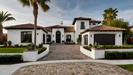 Elegant Mediterranean Style Home With Lush Landscaping at Sunset in a Suburban Neighborhood