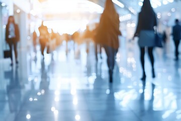 Blurry silhouettes of business professionals walking in modern trade fair or conference hall