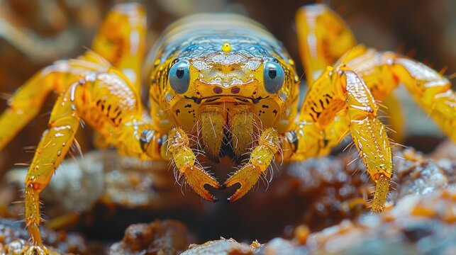A close-up view of a yellow spider with blue eyes.