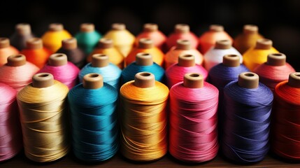 Colorful Threads on Spools Displayed in Rows.