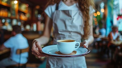 Waitress serving a cup of coffee on a tray to a customer in a cozy cafe environment
