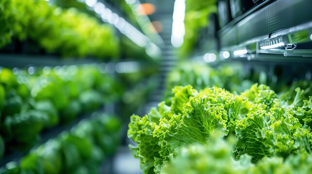 Fresh lettuce growing indoors in a modern hydroponic farm, showcasing vibrant green leaves and innovative agricultural methods.