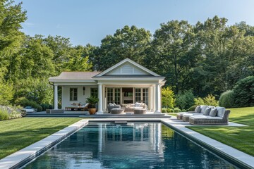 Fototapeta premium Classic pool house with open-air lounge area, surrounded by lush greenery and sparkling swimming pool, white exterior blending with natural surroundings, serene summer relaxation, New England setting,