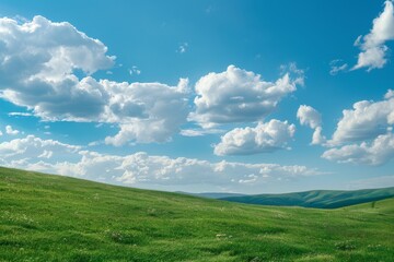 Obraz premium Tranquil green grass hills under blue sky with white clouds, a serene landscape view