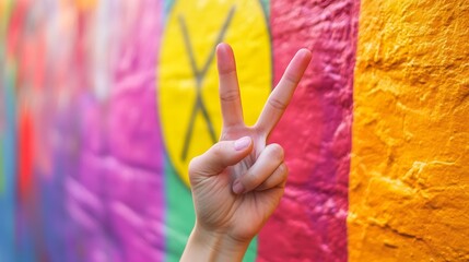 Obraz premium Peace Sign Hand Gesture: A hand making a peace sign against a bright, colorful background. 