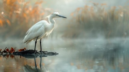 Fototapeta premium A White Egret Standing on a Log in a Misty Lake