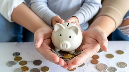 Semi close-up of a family s hands holding coins and a piggy bank, symbolizing collective savings, more clarity with clear light and sharp focus, high detailed