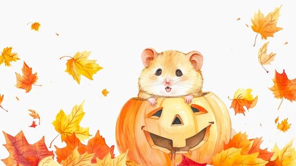 Naklejka premium Cute hamster peeking out of a carved pumpkin surrounded by autumn leaves. Watercolor illustration. Concept of fall vibes, Halloween, playful animal. Ideal for seasonal decoration and greeting cards