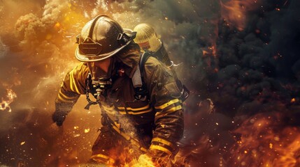 professional firefighter in suit in the middle of fire and smoke with copy space