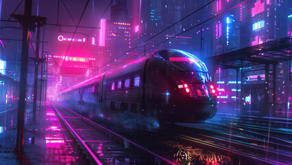 Fototapeta premium Train on platform in modern cyberpunk city at night with neon color lights