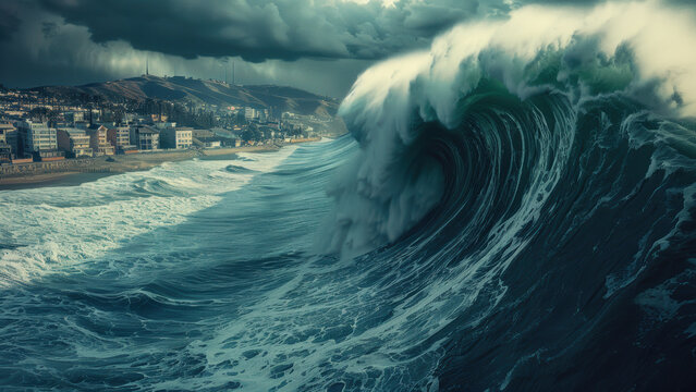 Huge tidal wave tsunami approaching beach coast, extreme weather climate crisis concept