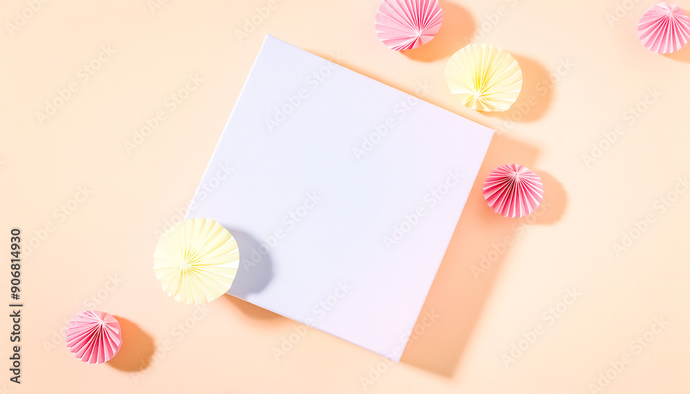 Sticker Minimalist Pastel Background with Blank Card and Paper Decorations