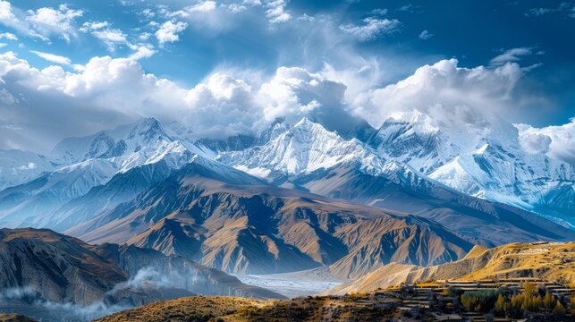 Panoramic view of himalayas with mount everest and snowy upper mustang mountains in annapurna, nepal