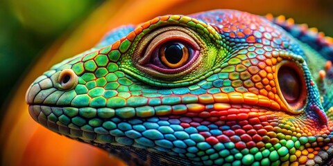 Close-up shot of a vibrant reptile showcasing intricate scales and vivid colors, reptile, animal, wildlife, scales