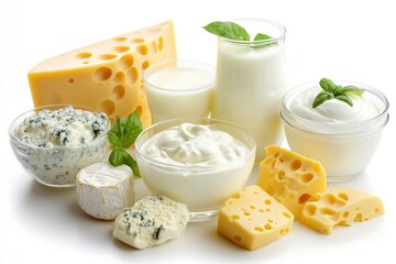 Dairy products, Milk, sour cream, cheese, mozzarella, yogurt, isolated on white background, full depth of field, ai