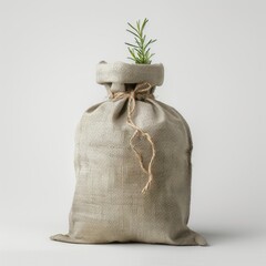Culantro on sack, isolated on a white background, bright and vivid tonality, in the style of product photography.