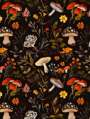 A pattern of mushrooms and flowers on a black background