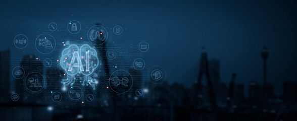 businessman using Ai technology in business by artificial intelligence,  smart robot AI, Futuristic technology transformation, using AI technology for developing running business on cloud computing