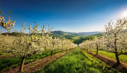 Naklejka premium A peaceful orchard with rows of blooming fruit trees, framed by a backdrop of rolling hills and a clear, sunny sky.