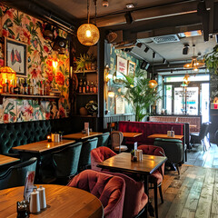 Empty tables are waiting for customers in this trendy city centre bar and restaurant with eclectic decor