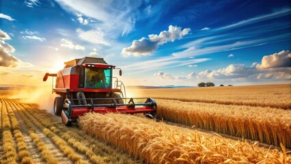 Fototapeta premium Combine harvester harvesting wheat in a vast field, agriculture, farming, machine, crop, harvest