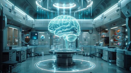 A futuristic lab reveals a holographic brain hovering above a central platform, surrounded by advanced scientific equipment and digital interfaces.