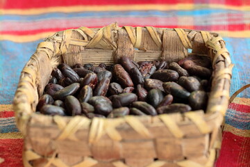 Punnet upon a table in a farm on the Ruta del Cacao Route sociocultural trail holding fermented, dry, roasted nibs of cocoa beans. Baracoa-Cuba-565
