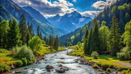 Obraz premium Tranquil mountain valley with a flowing stream running through lush trees , serene, peaceful, nature, landscape, scenic