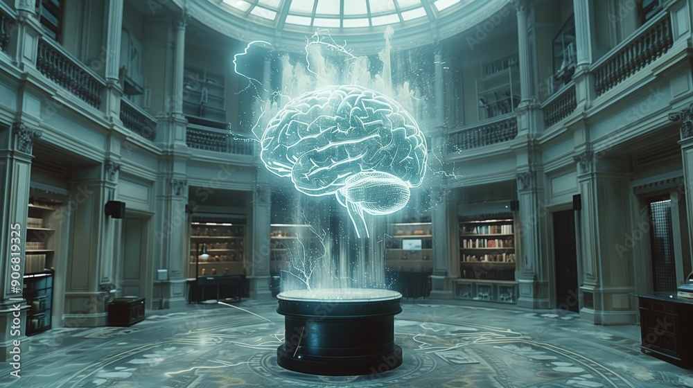 Poster a holographic brain projection glows in a high-tech lab, illuminating the elegant architecture and f