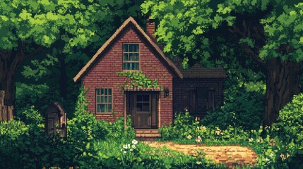 Pixel art of a cozy 8-bit house surrounded by greenery, ideal for a nostalgic, retro feel.