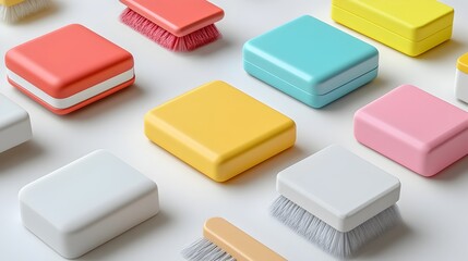 Colorful Geometric Arrangement of Whiteboard Cleaning Supplies and Accessories on White Background
