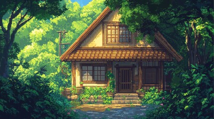 Fototapeta premium Pixel art of a cozy house in a dense forest, surrounded by greenery and bright daylight, perfect for isekai settings.