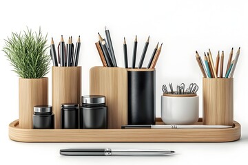 Obraz premium Meticulously Organized Desk Accessories in Sleek 3D Rendered Studio Setup