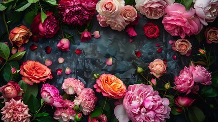 Pink Peonies, Roses, and Carnations on a Dark Background