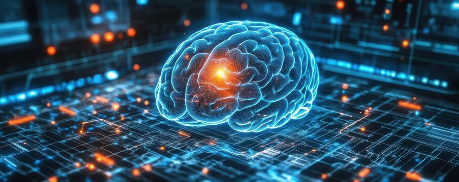 Futuristic brain hologram in a digital interface, medical technology, advanced brain imaging