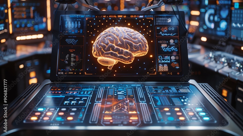 Poster a high-tech control panel displays an intricate interactive model of a brain, surrounded by various 