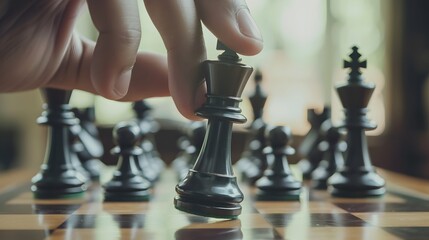 Hand Holding a Chess Piece: A hand moving a chess piece, making a strategic move on the board.
