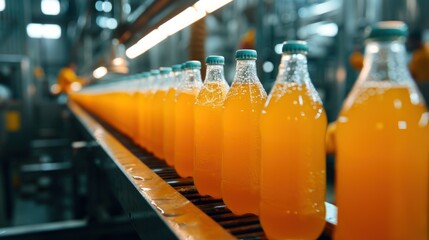 product bottles fruit juice on the conveyor belt in the beverage factory, industrial, manufacture, production, line, plant, technology, juice, machine, machinery, equipment, automated