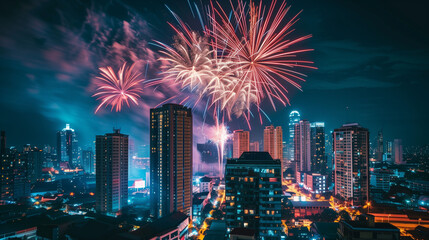 Fireworks Festival in the city, fireworks explode above the tall buildings, city lights shine, lively and energetic urban atmosphere, Ai generated Images