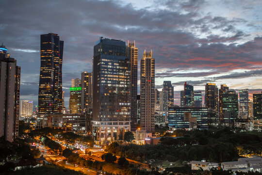 Evening skyline view of South Jakarta, Java, Indonesia, Southeast Asia, Asia
