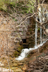 Close-up of a small waterfall against a stone wall in autumn. View through the trees. Vertically. For text