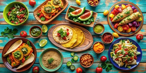 Variety of delicious Mexican dishes on a colorful table , Tacos, Burritos, Quesadillas, Chili, Fajitas, Tortillas