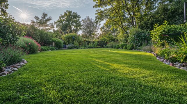 Lush green backyard with vibrant plants under bright morning sunlight