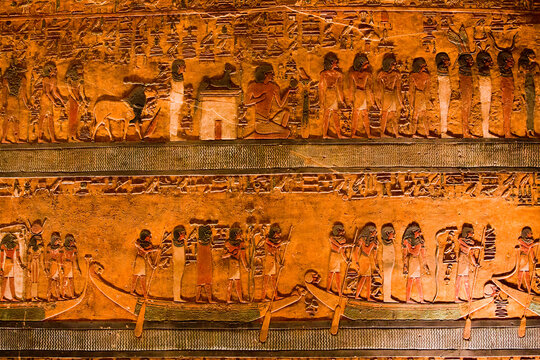 Bas Relief of Boats, Tomb of Seti I, KV17, Valley of the Kings, Ancient Thebes, UNESCO World Heritage Site, Luxor, Egypt, North Africa, Africa