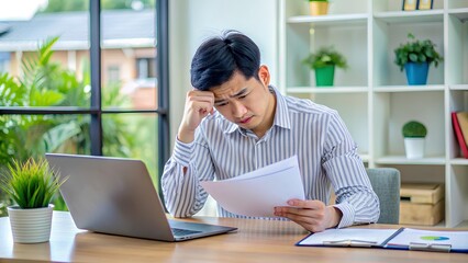 Stressed man reviewing financial documents at his desk, showing financial pressure, decision-making, and work-related stress in a home office.