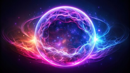 Abstract neon energy sphere with magical glowing particles and waves on a dark background