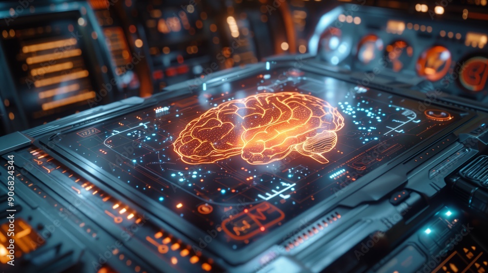 Poster a control panel showcases a vibrant neural network visualization, demonstrating real-time data proce